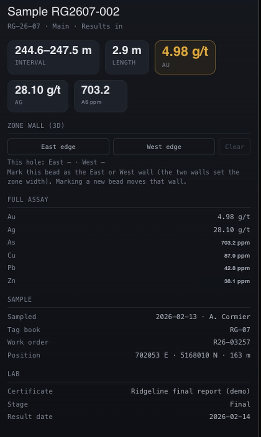 Vantage Core sample record for RG2607-002 — interval and length, Au, Ag and As headline grades, the full Au/Ag/As/Cu/Pb/Zn assay, who sampled it, tag book, work order and position, and the lab certificate, stage and result date